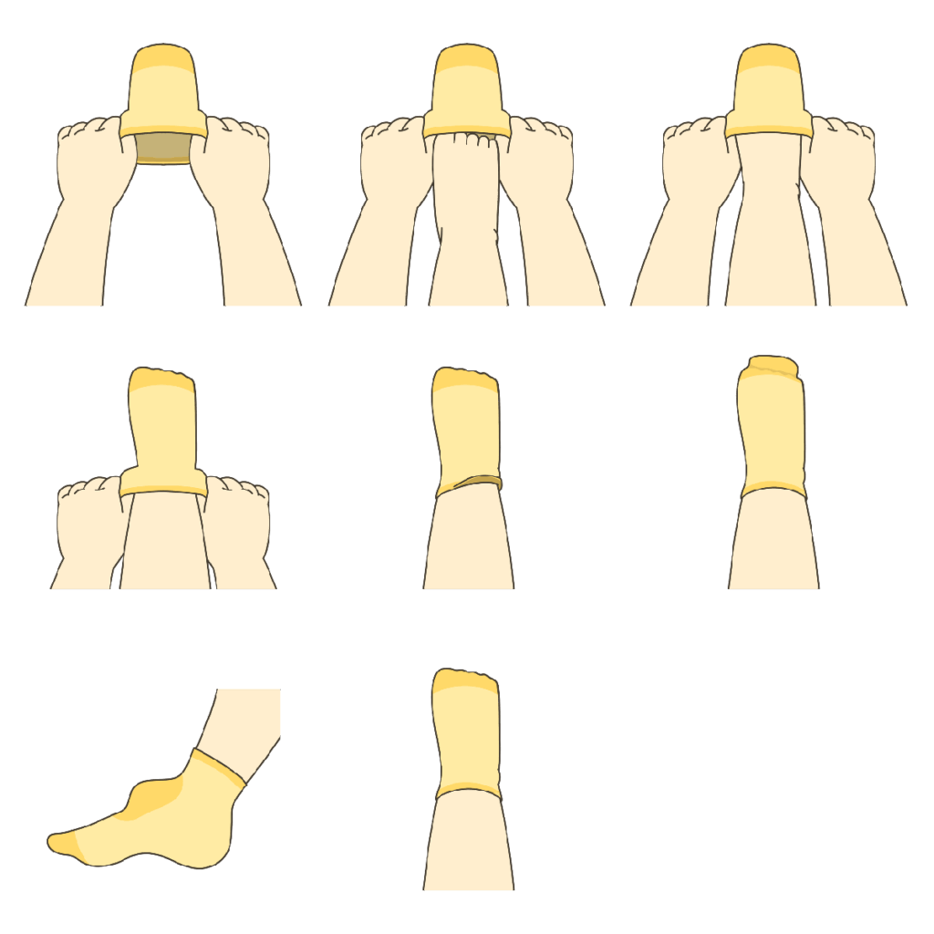 くつしたを履く全5ステップ+確認3ステップを順番に示したまとめイラスト