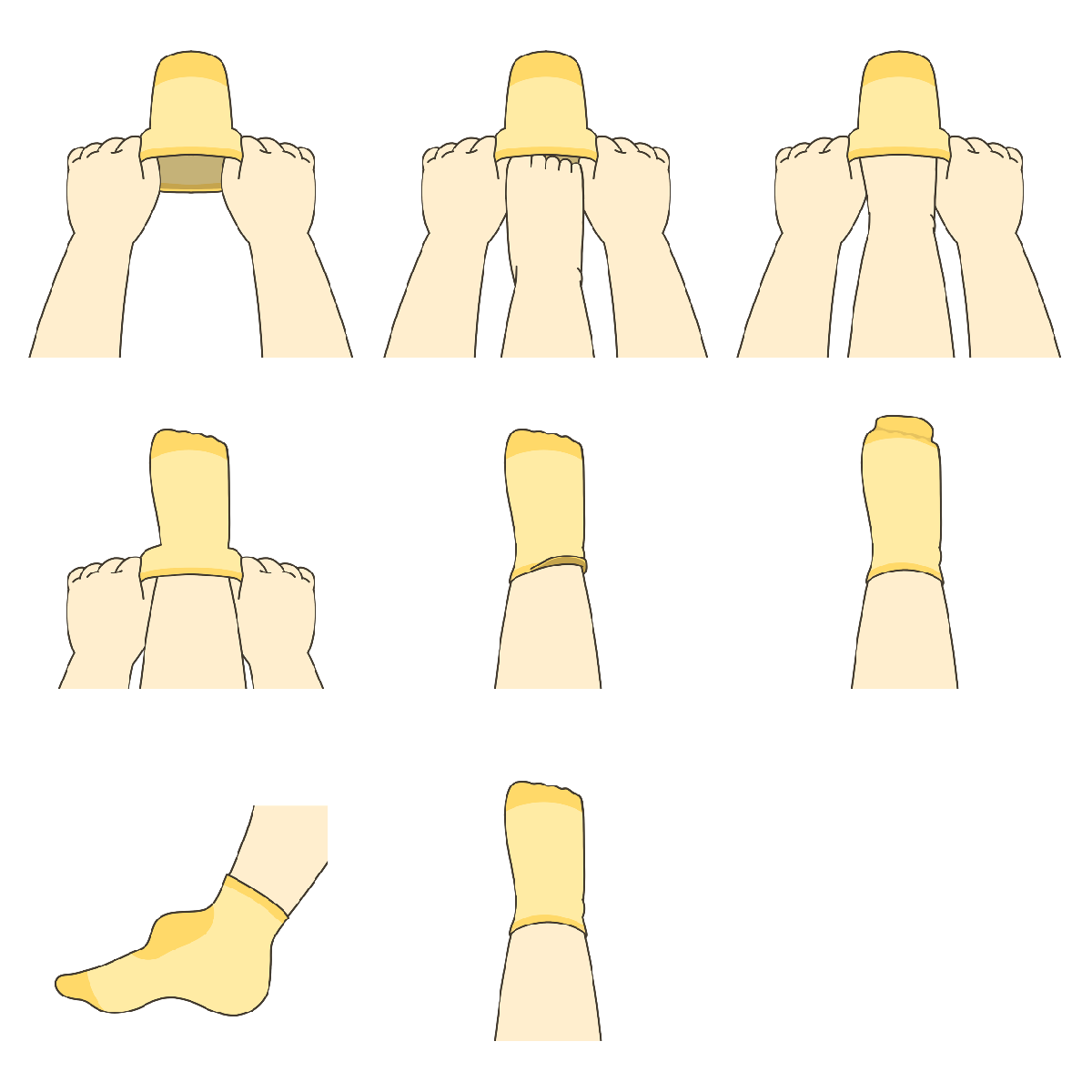 くつしたを履く全5ステップ+確認3ステップを順番に示したまとめイラスト