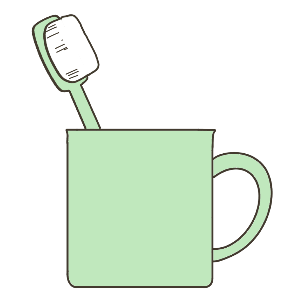 衛生用品・緑色の歯磨きセットの支援イラスト｜持ち物確認や片付け目印に
