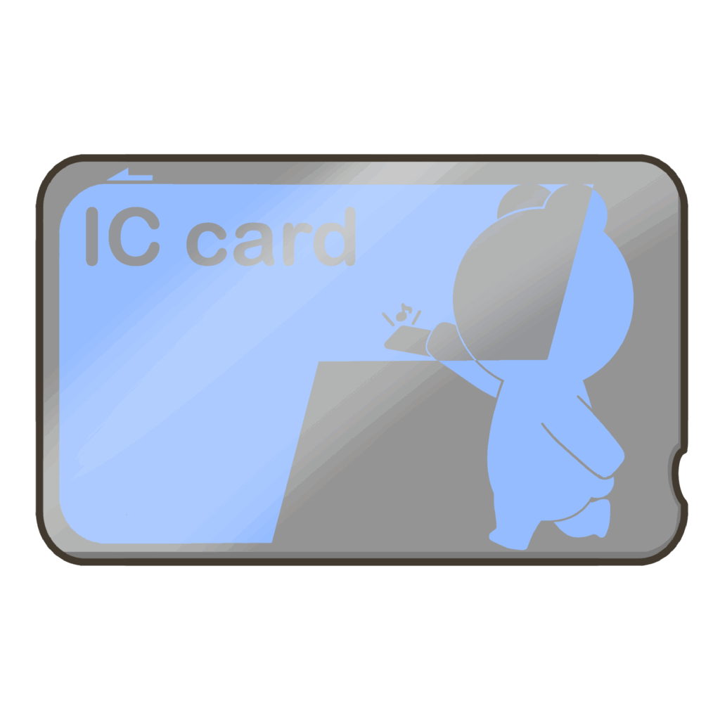 クマが改札にICカードをタッチしているイラスト（青色）｜外出支援や乗り物学習に使える教材