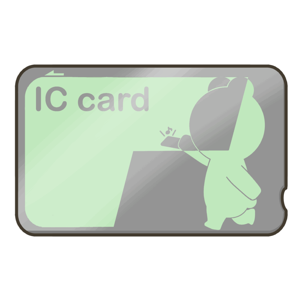 クマが改札にICカードをタッチしているイラスト（緑色）｜外出支援や乗り物学習に使える教材