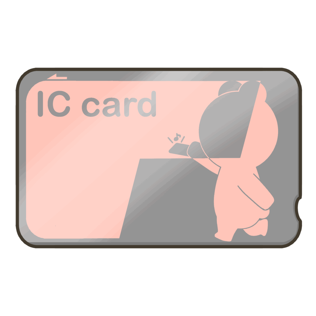 クマがタッチしているICカードのイラスト（赤色）｜外出支援や乗り物学習に使える教材