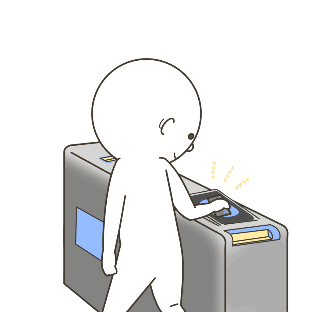 ICカードを改札にタッチしてスムーズに通っている子どものイラスト