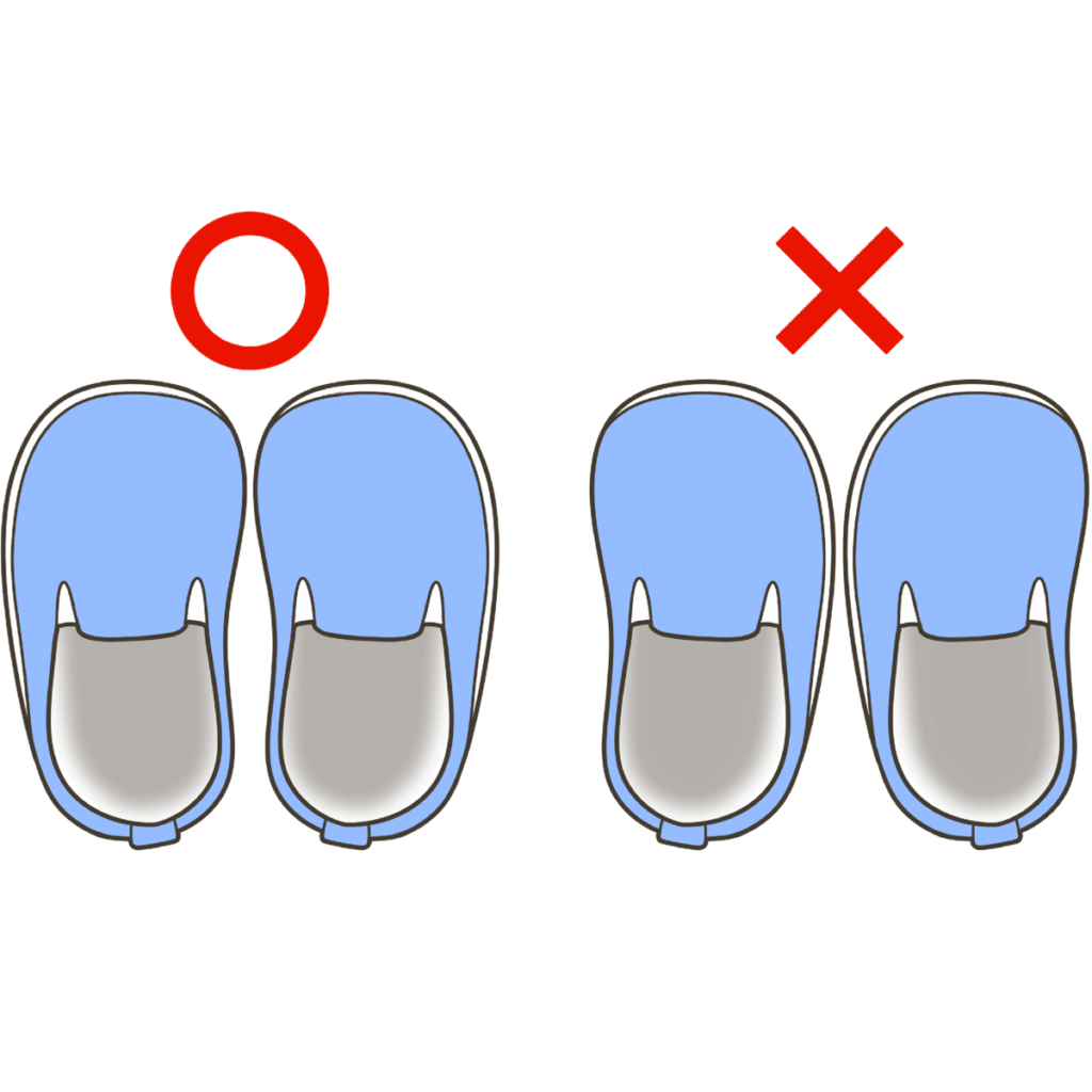 正しい靴の向きと間違った靴の向きのイラスト|くつをはくステップ③ くつのむきをたしかめる