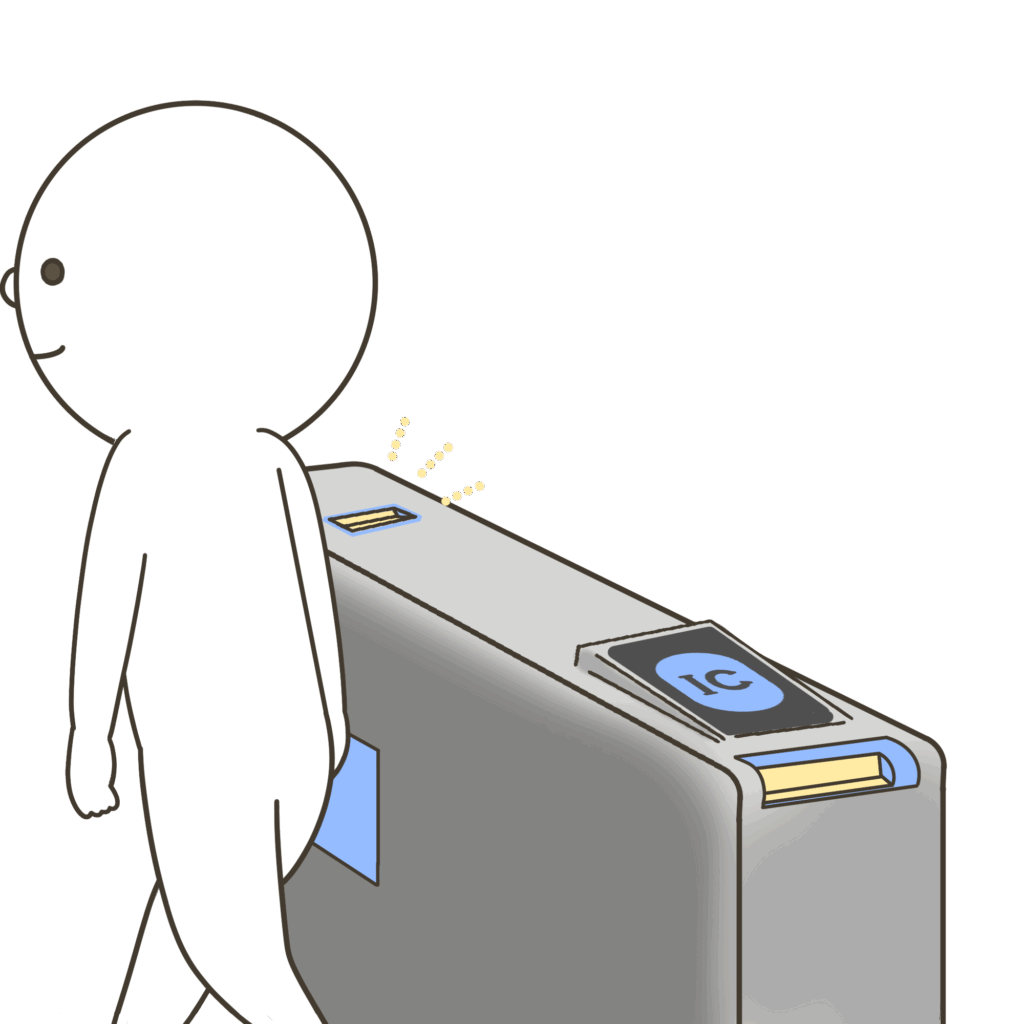 改札に切符を入れて、そのまま通過する子どものイラスト（切符は出てこない）