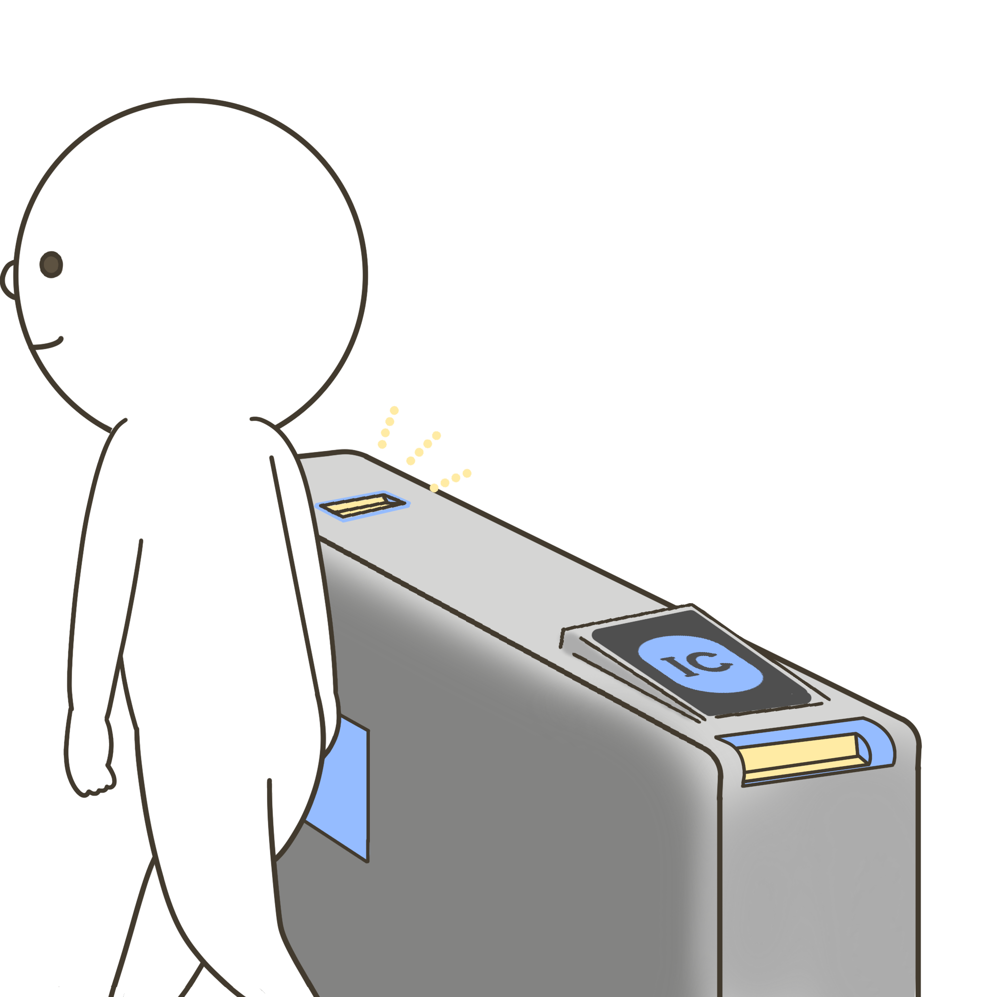 改札に切符を入れて、そのまま通過する子どものイラスト（切符は出てこない）