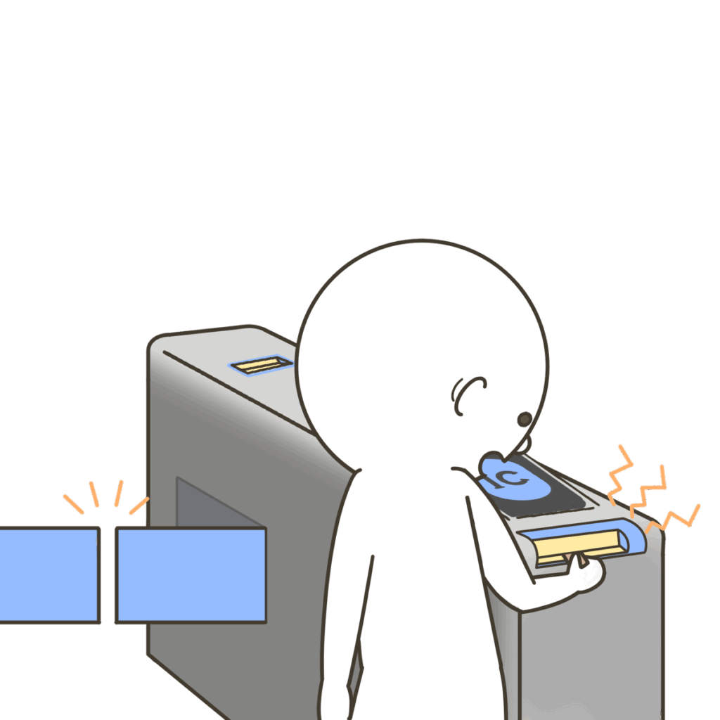 切符を入れたけれど、改札が開かず立ち止まる子どものイラスト