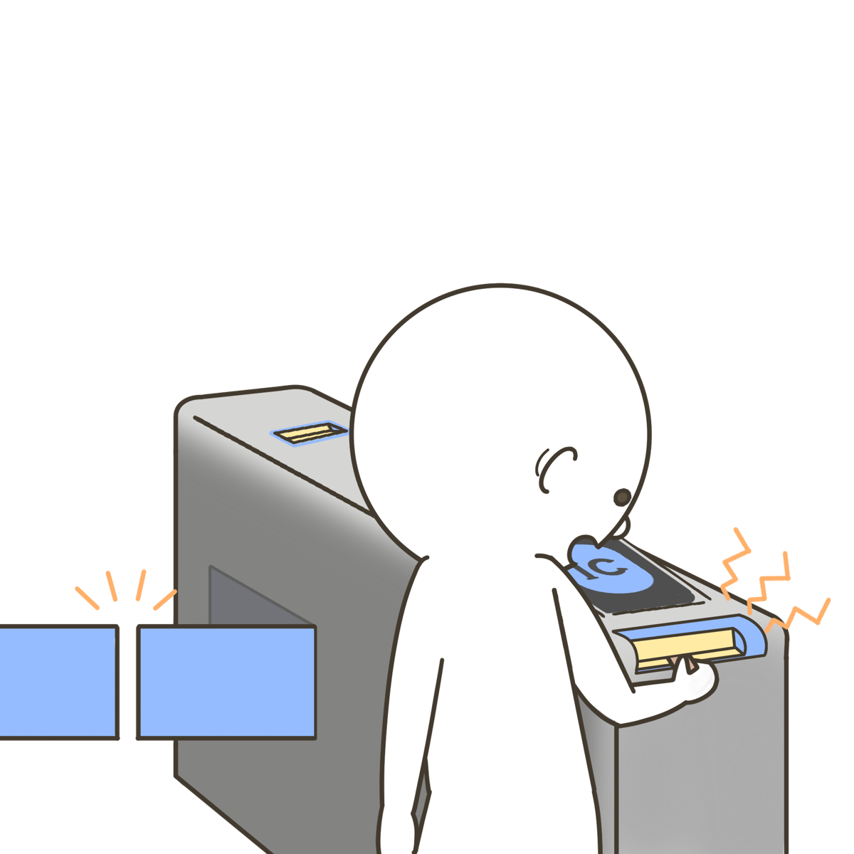 切符を入れたけれど、改札が開かず立ち止まる子どものイラスト