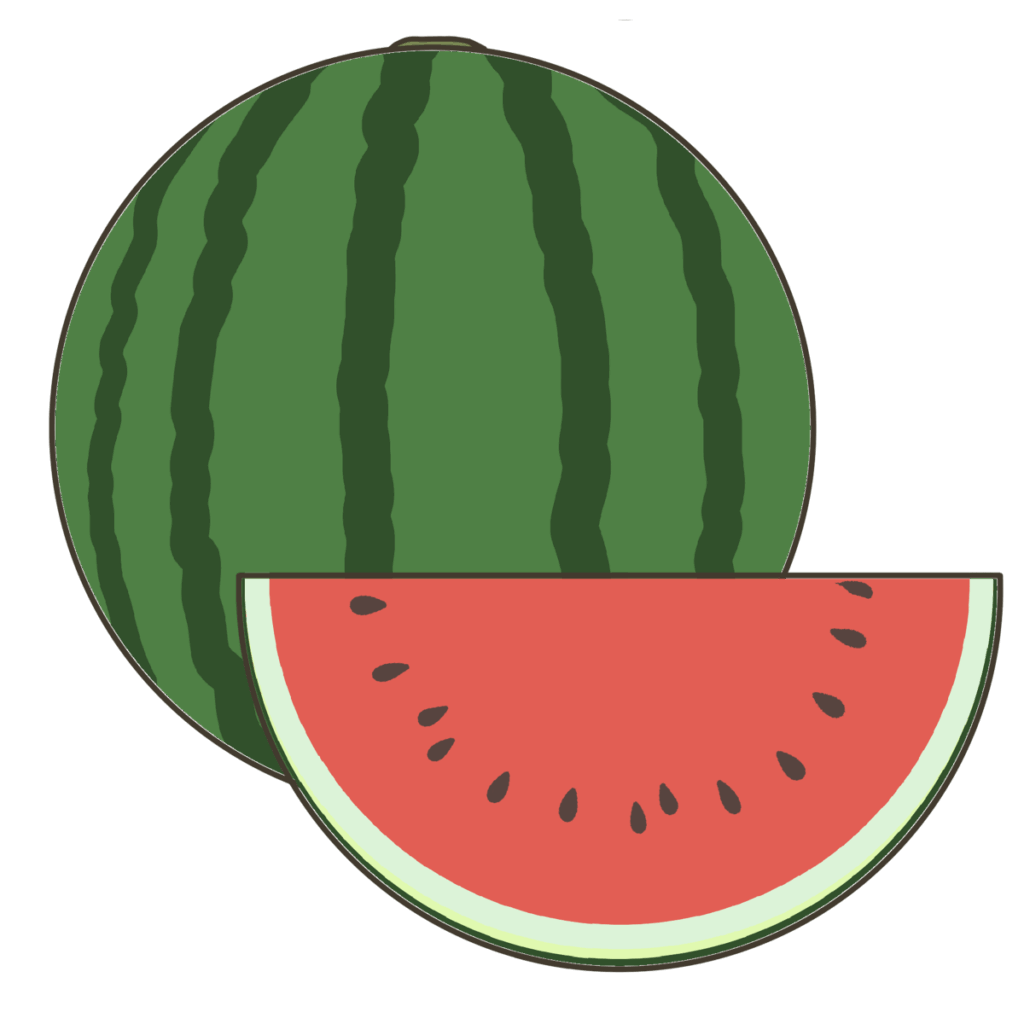 丸のままと切り分けたスイカのイラスト|食材提示や季節の飾りに使える素材