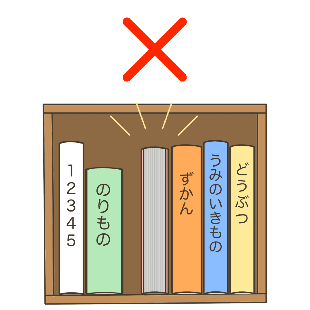 本のしまい方（背表紙が見えない/ばつ印あり）のイラスト｜日常生活や支援教材に使える素材