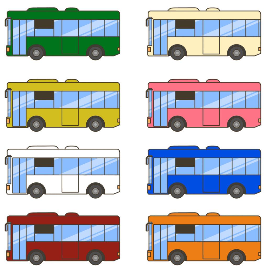 8色の乗り物・全面カラーのバスのイラスト|交通の学習や移動支援に使える