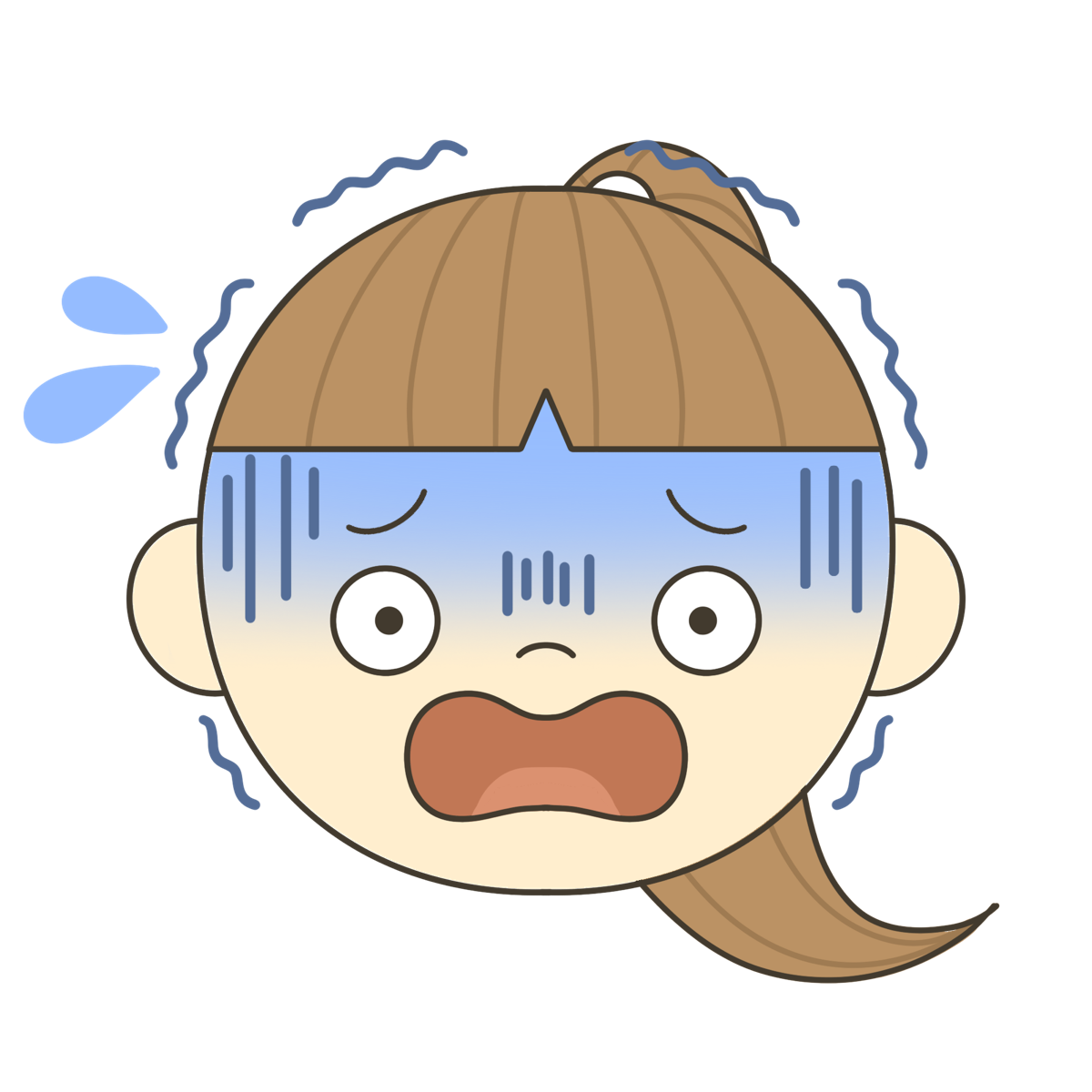 とても怖がっている表情（ポニーテール）のイラスト｜発音練習や感情表現に使える素材
