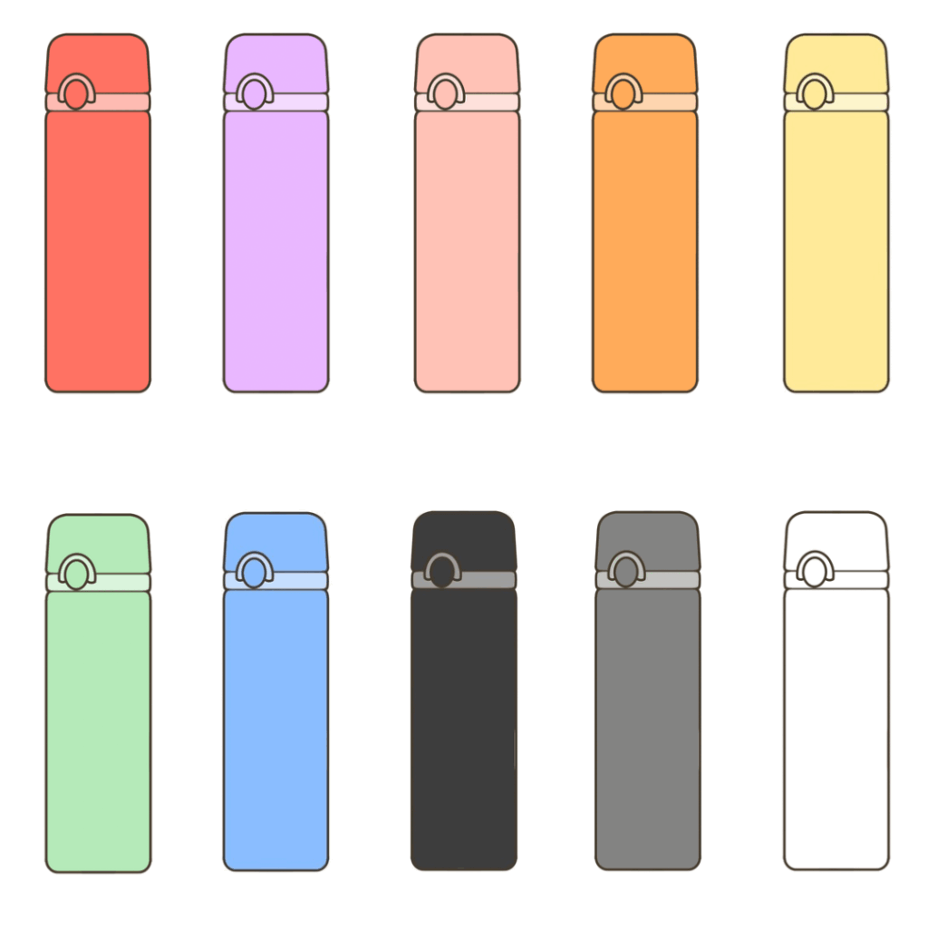 ボタンで開閉する水筒（10色）まとめのイラスト｜外出準備や持ち物支援に使える素材