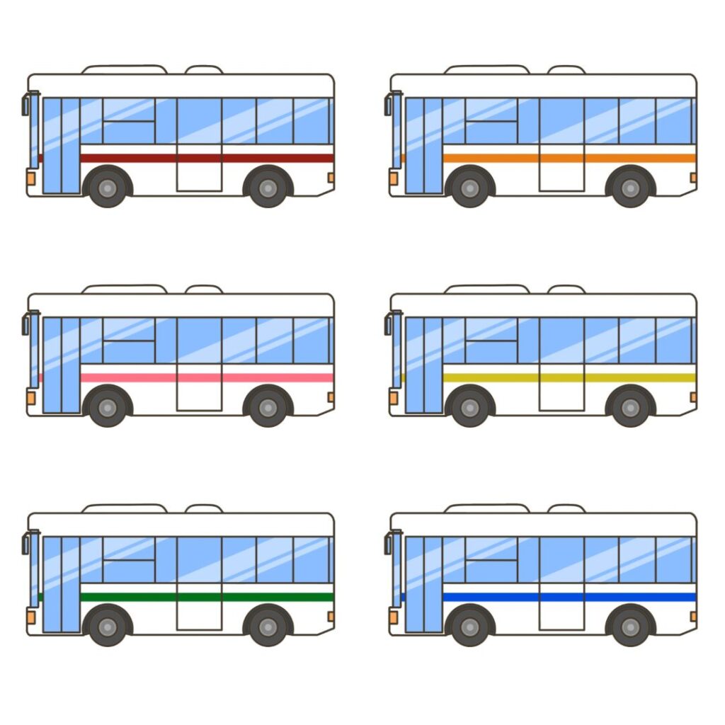 6色の乗り物・ラインのある白色のバスのイラスト｜交通の学習や移動支援に使える