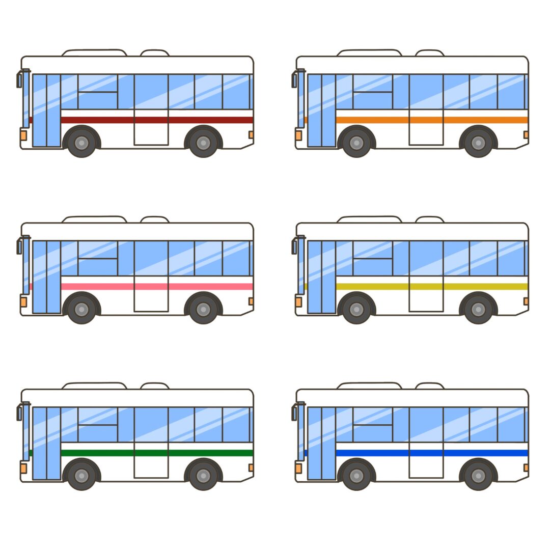 6色の乗り物・ラインのある白色のバスのイラスト｜交通の学習や移動支援に使える