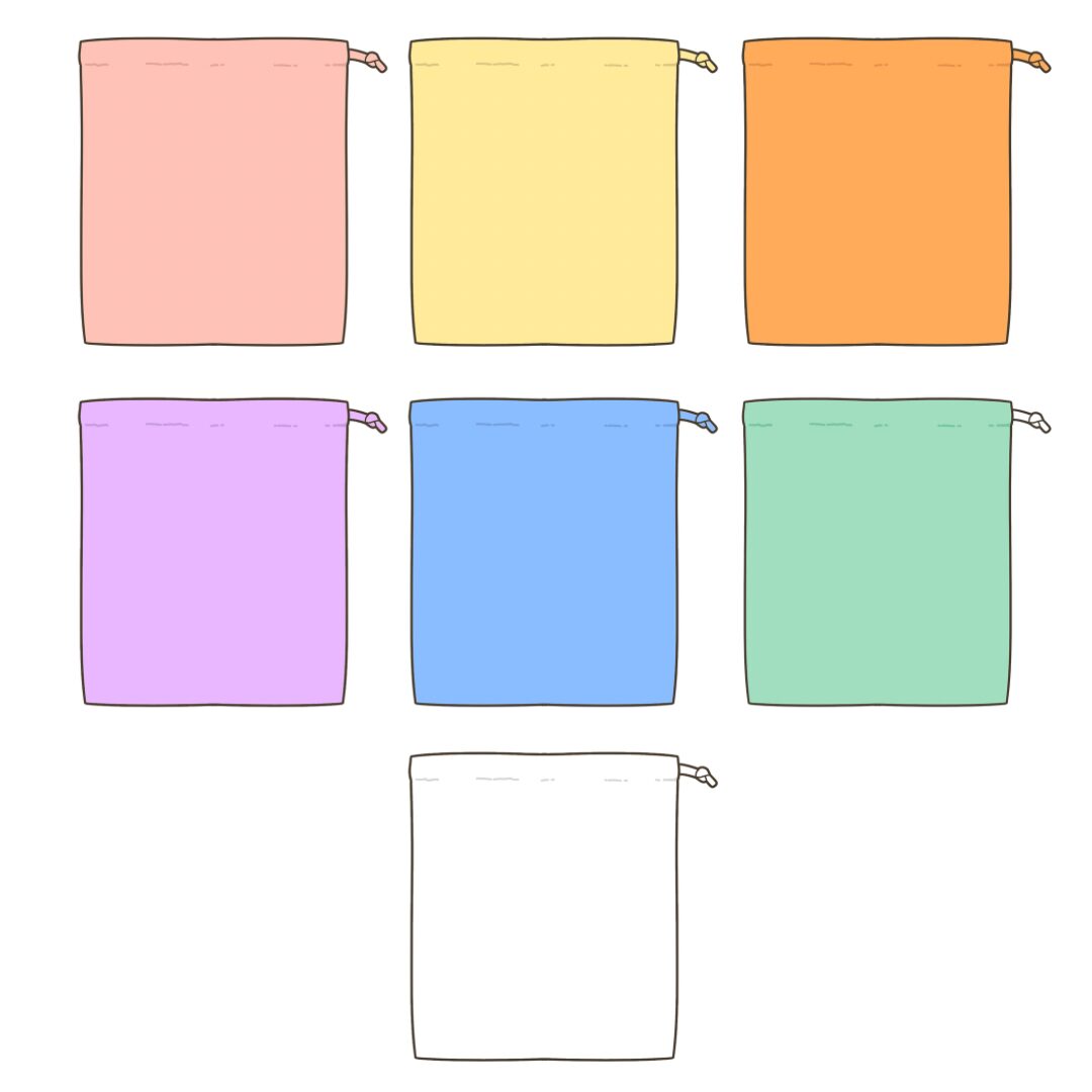 7色の巾着袋のイラスト｜外出準備や持ち物支援に使える素材