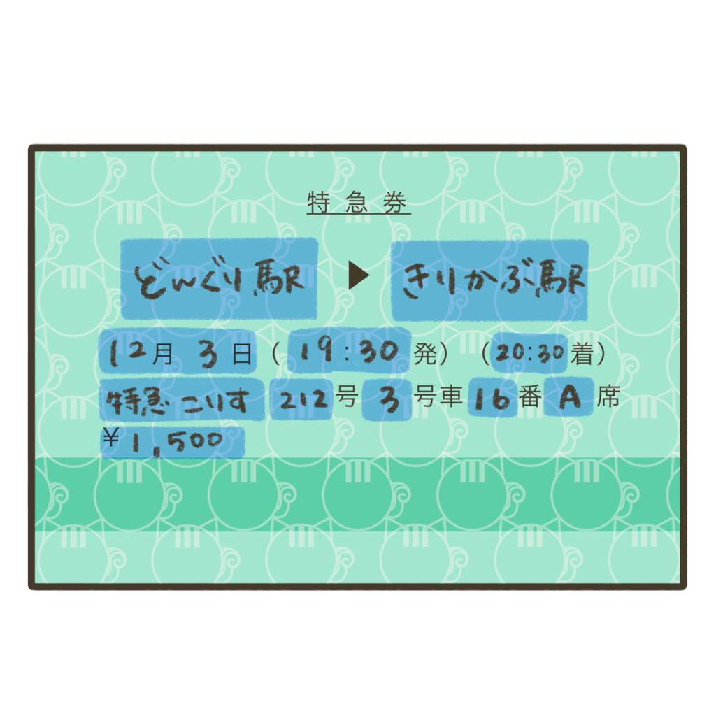 リスの透かしが入った特急券のガイドが入ったイラスト｜外出準備や持ち物支援に使える素材