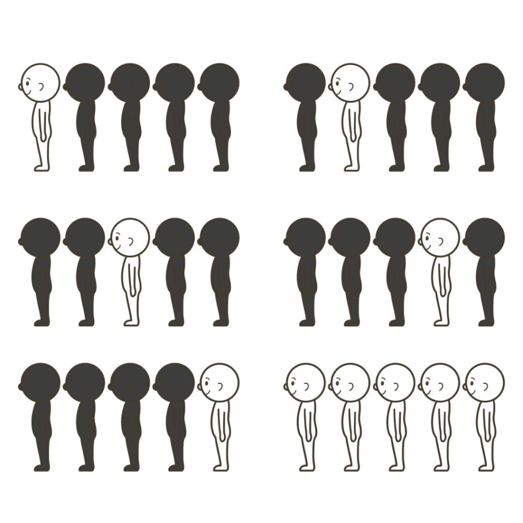 列に並ぶ（横からの図）のイラストのアイキャッチ｜日常生活や支援教材に使える素材