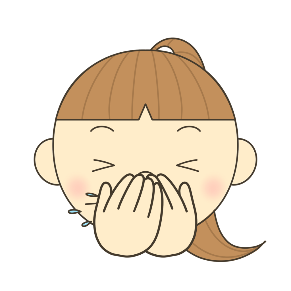 くしゃみを手で押さえる（ポニーテール）のイラスト｜発音練習や感情表現に使える素材