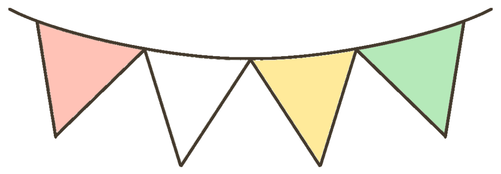 ピンク白黄薄緑 4枚の三角旗のイラスト｜掲示物や教材づくりに使える素材