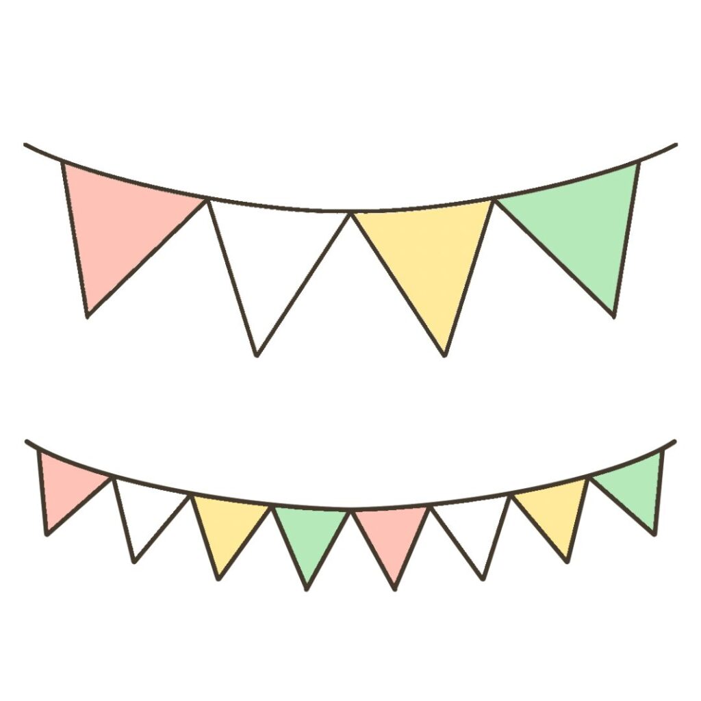 ピンク白黄薄緑の三角旗のイラストのアイキャッチ｜掲示物や教材づくりに使える素材