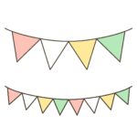 ピンク白黄薄緑の三角旗のイラストのアイキャッチ｜掲示物や教材づくりに使える素材